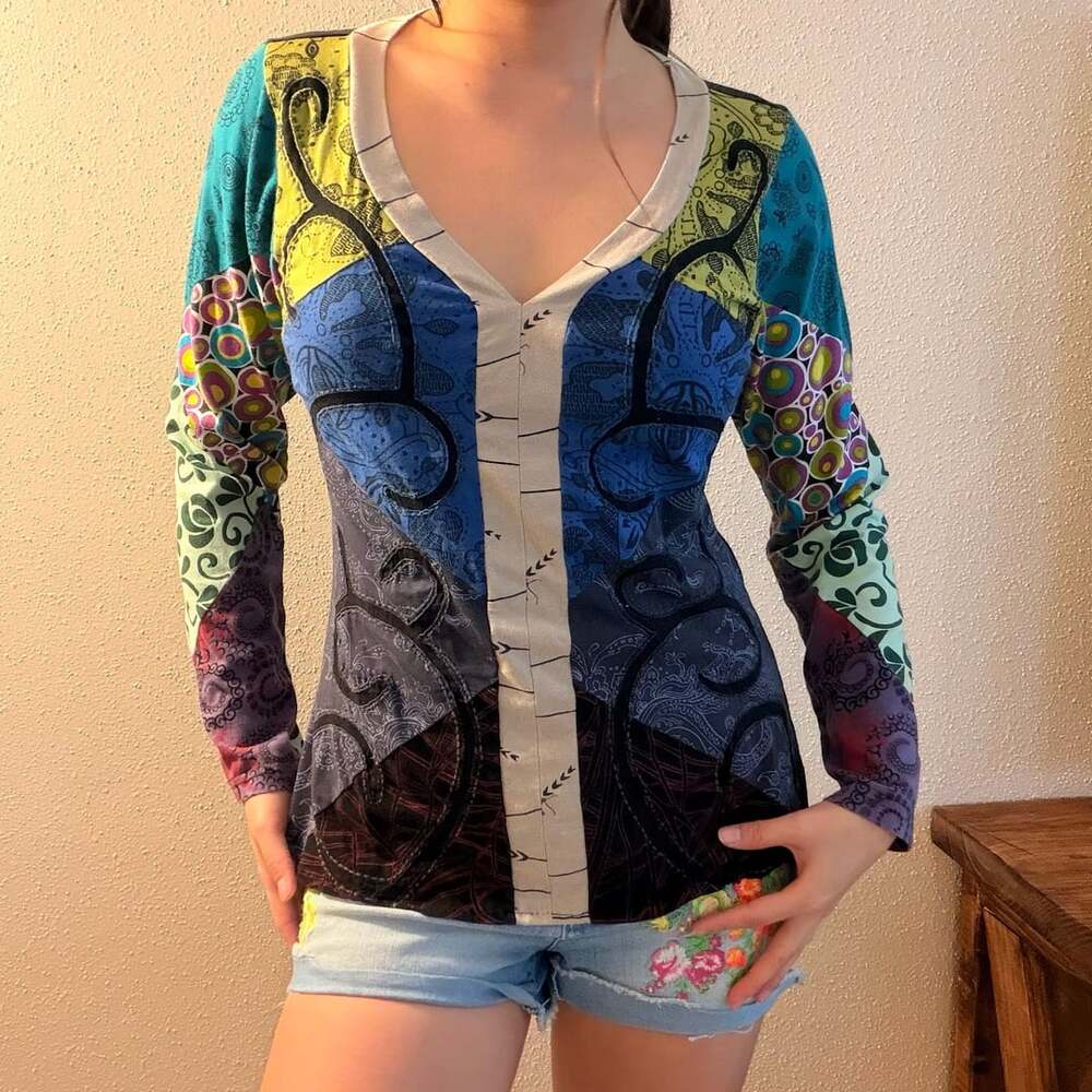 Desigual M. Christian Lacroix Multi-Pattern Long Sleeve V-Neck Top